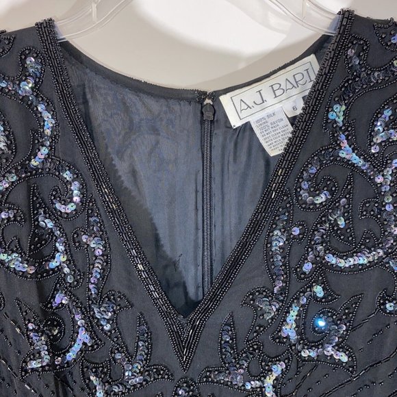 AJ Bari Dress Beaded Elegant Evening Date Wedding Asymmetric Disco Silk - Picture 4 of 11